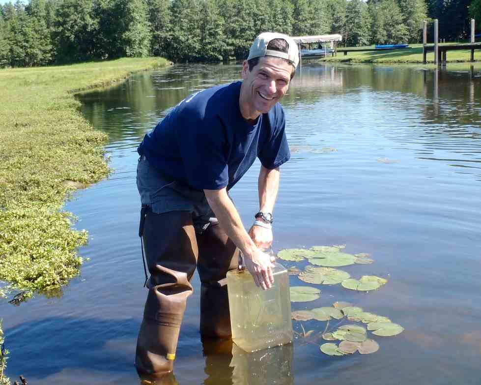 Dr. Al Steinman collects water in a wetland.